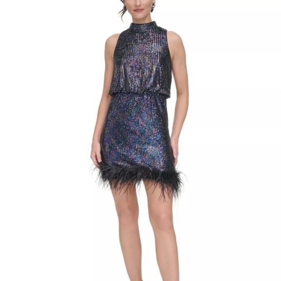 NWT Eliza J Sequin mini Dress with Feather Trim, 12 - Picture 2 of 12